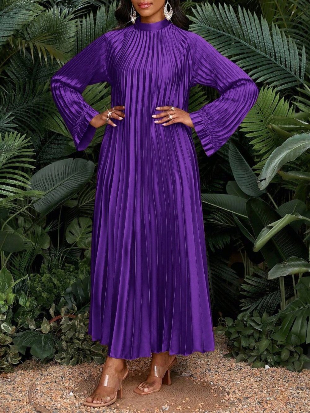 Purple Modest Women's Plus Size Tropical Stand Collar Maxi Dress - Picture 4 of 6